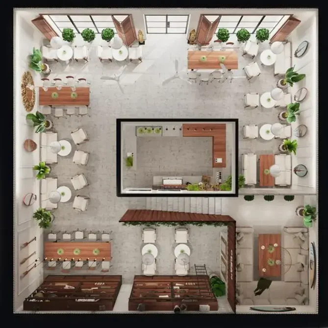 Cafe layout design with barista station and service flow