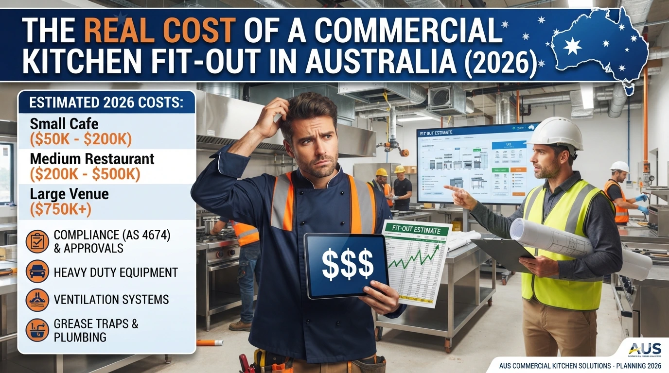 The real cost of a commercial kitchen fit-out in Australia 2026 showing a fitted-out commercial kitchen with stainless steel benches and equipment