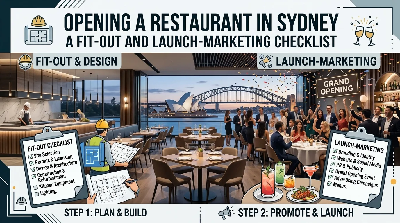 Opening a restaurant in Sydney fit-out and launch-marketing checklist showing a harbourside dining fit-out and grand opening launch