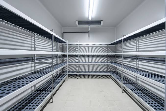 Walk-in cool room with stainless steel shelving and stock storage